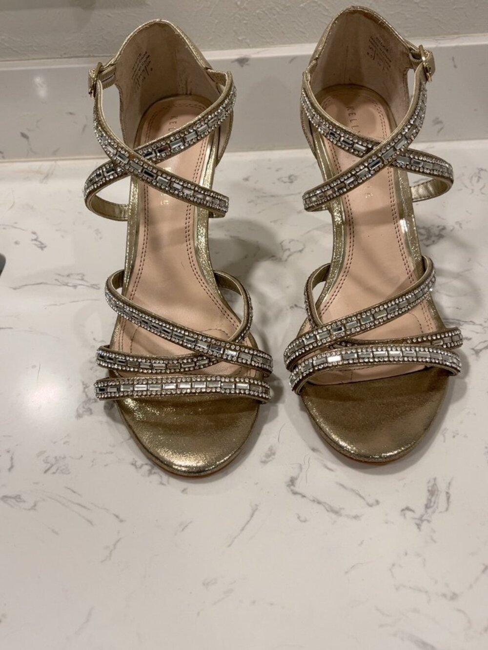 Kelly & Katie Gold Rhinestone Strappy Heels – Size 8.5